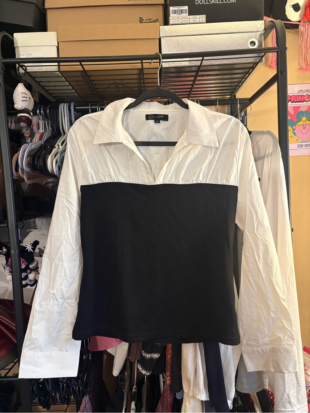 Two-Tone Black and White Collared Women's Top